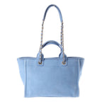Chanel Deauville Small Shopping Bag Chain Handbag Blue Leather Canvas Plate Gold — view 2