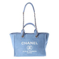 Chanel Deauville Small Shopping Bag Chain Handbag Blue Leather Canvas Plate Gold