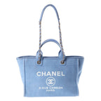 Chanel Deauville Small Shopping Bag Chain Handbag Blue Leather Canvas Plate Gold