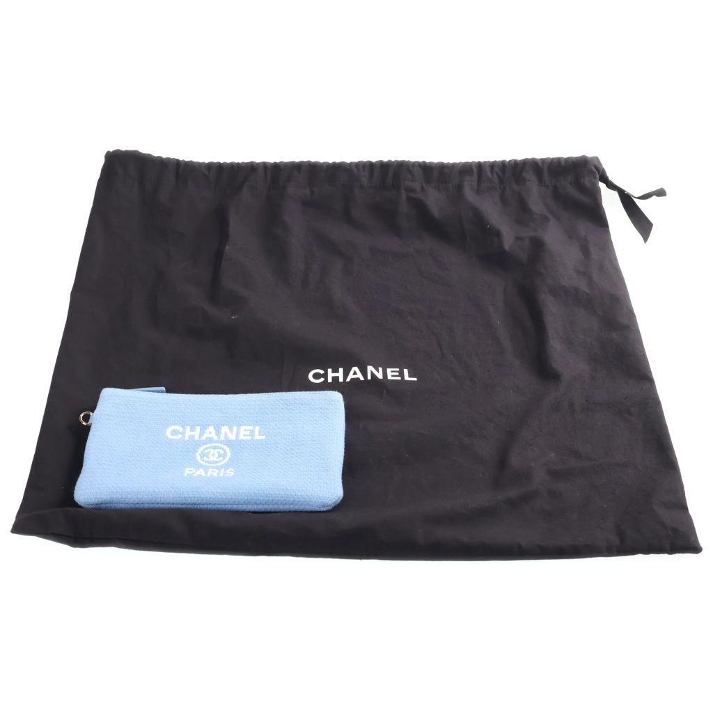 Chanel Deauville Small Shopping Bag Chain Handbag Blue Leather Canvas Plate Gold — view 8