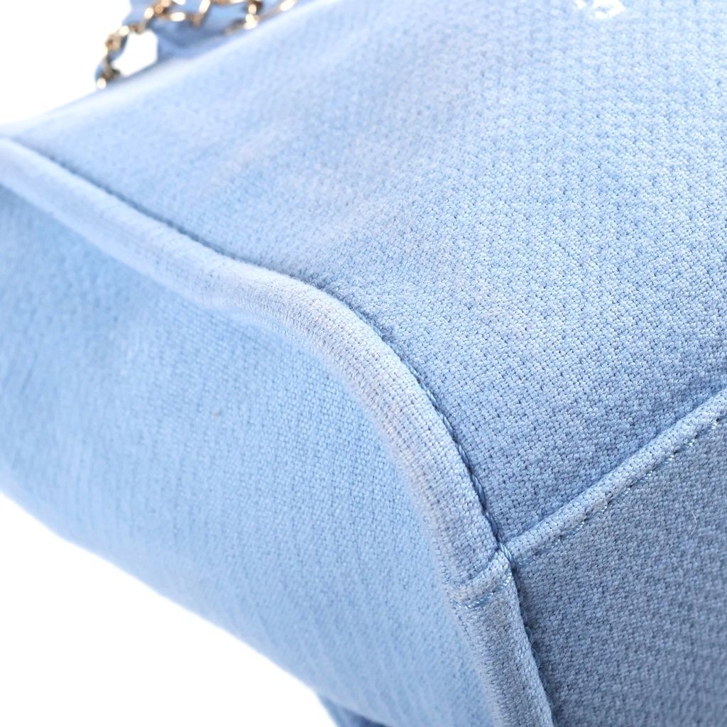 Chanel Deauville Small Shopping Bag Chain Handbag Blue Leather Canvas Plate Gold — view 5
