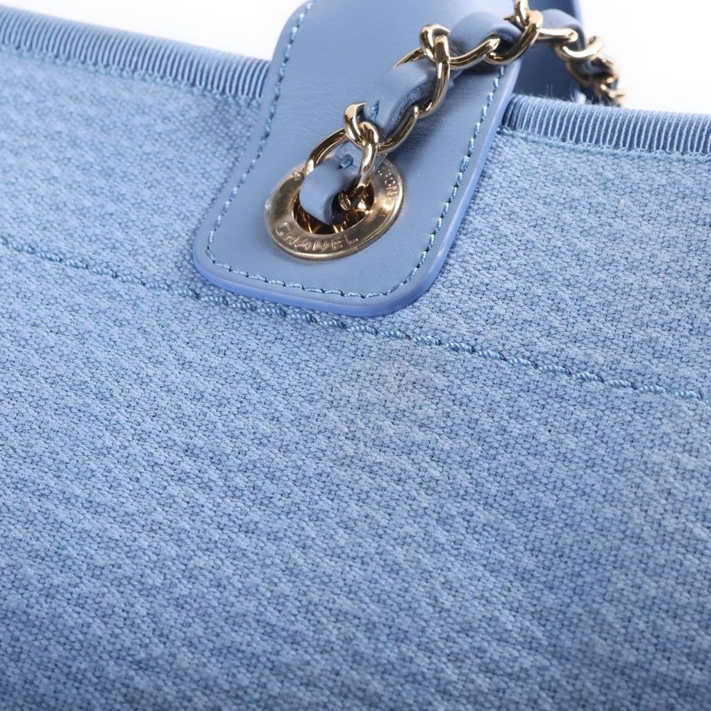 Chanel Deauville Small Shopping Bag Chain Handbag Blue Leather Canvas Plate Gold — view 6