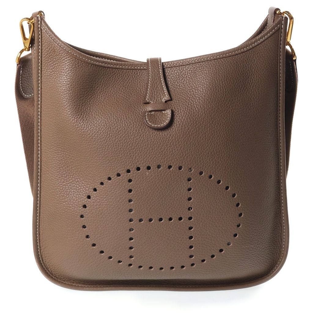 Hermes Evelyne GM Taurillon Clemence Shoulder Bag Greige Leather Etoupe Gold
