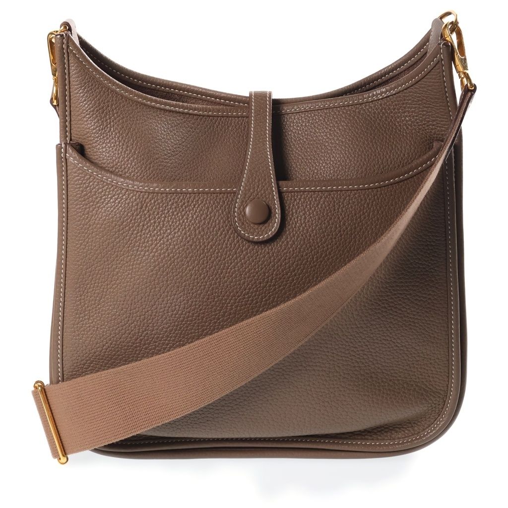 Hermes Evelyne GM Taurillon Clemence Shoulder Bag Greige Leather Etoupe Gold — view 2