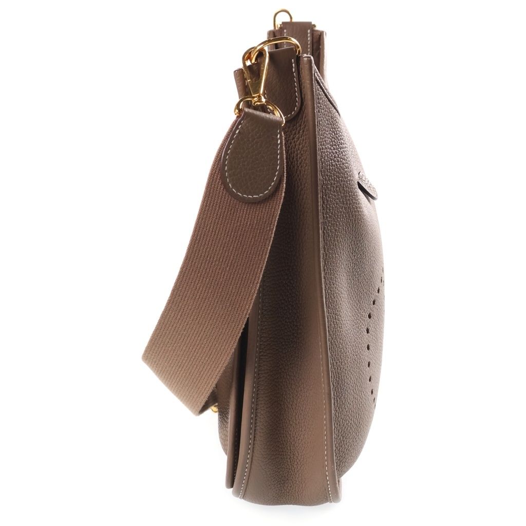 Hermes Evelyne GM Taurillon Clemence Shoulder Bag Greige Leather Etoupe Gold — view 3