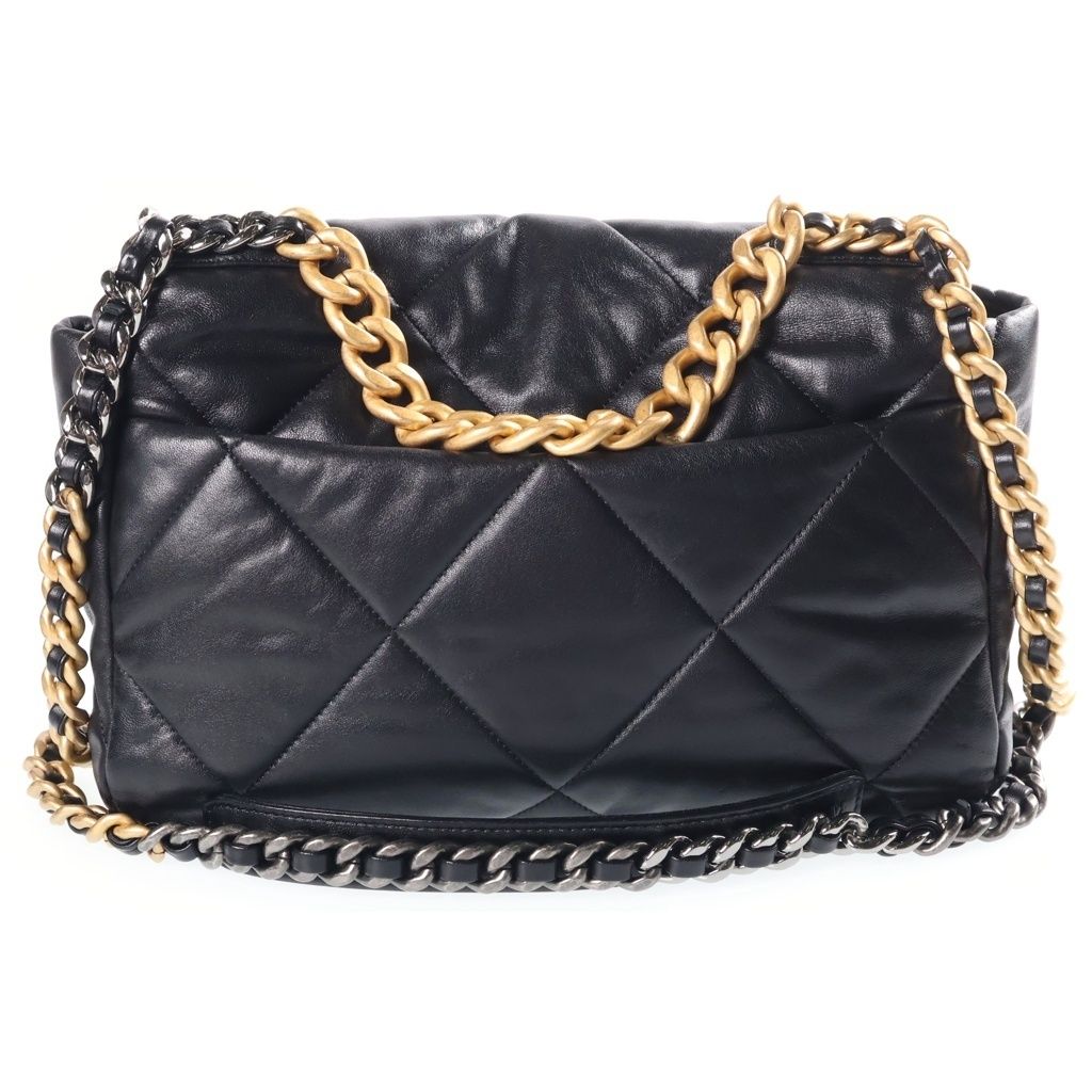 Chanel 19 Chain Shoulder Bag Black Lambskin Plate Gold Silver — view 2