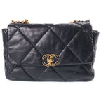 Chanel 19 Chain Shoulder Bag Black Lambskin Plate Gold Silver