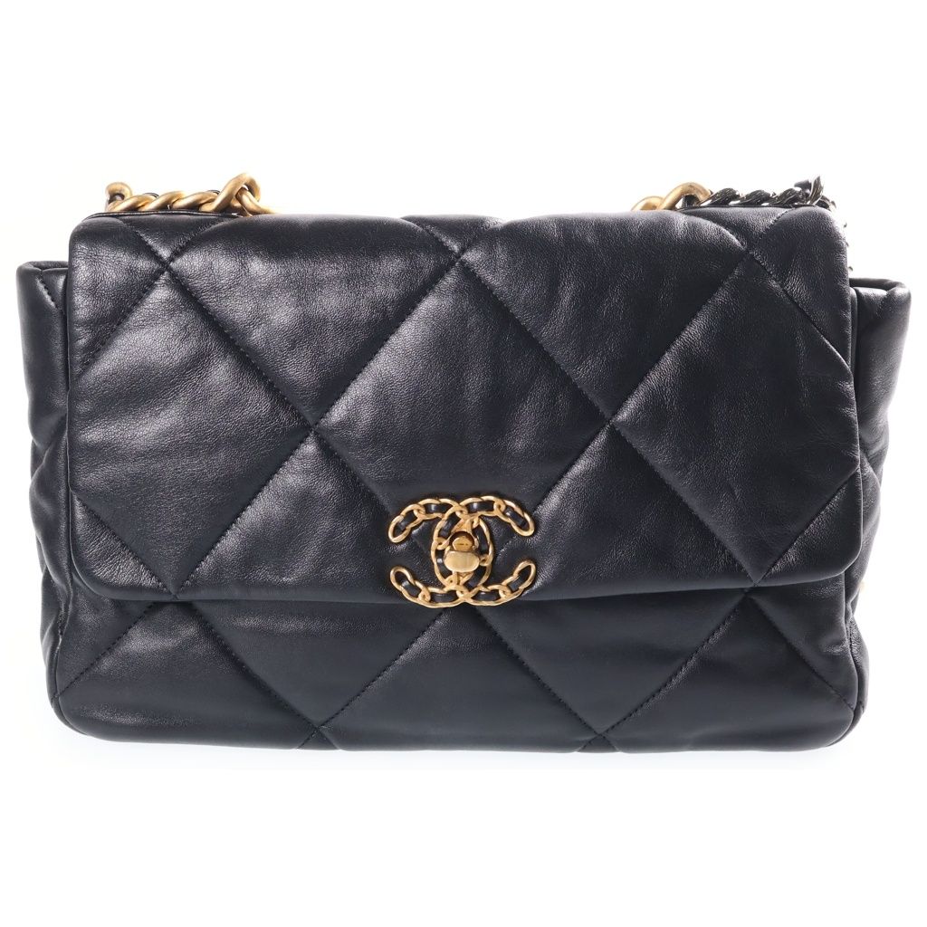 Chanel 19 Chain Shoulder Bag Black Lambskin Plate Gold Silver