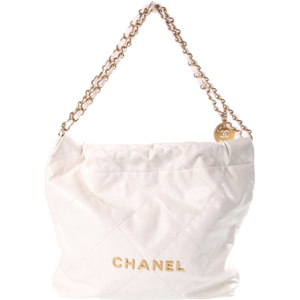 Chanel 22 Medium Chain Shoulder Bag White Calfskin Plate Gold