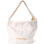 Chanel 22 Medium Chain Shoulder Bag White Calfskin Plate Gold