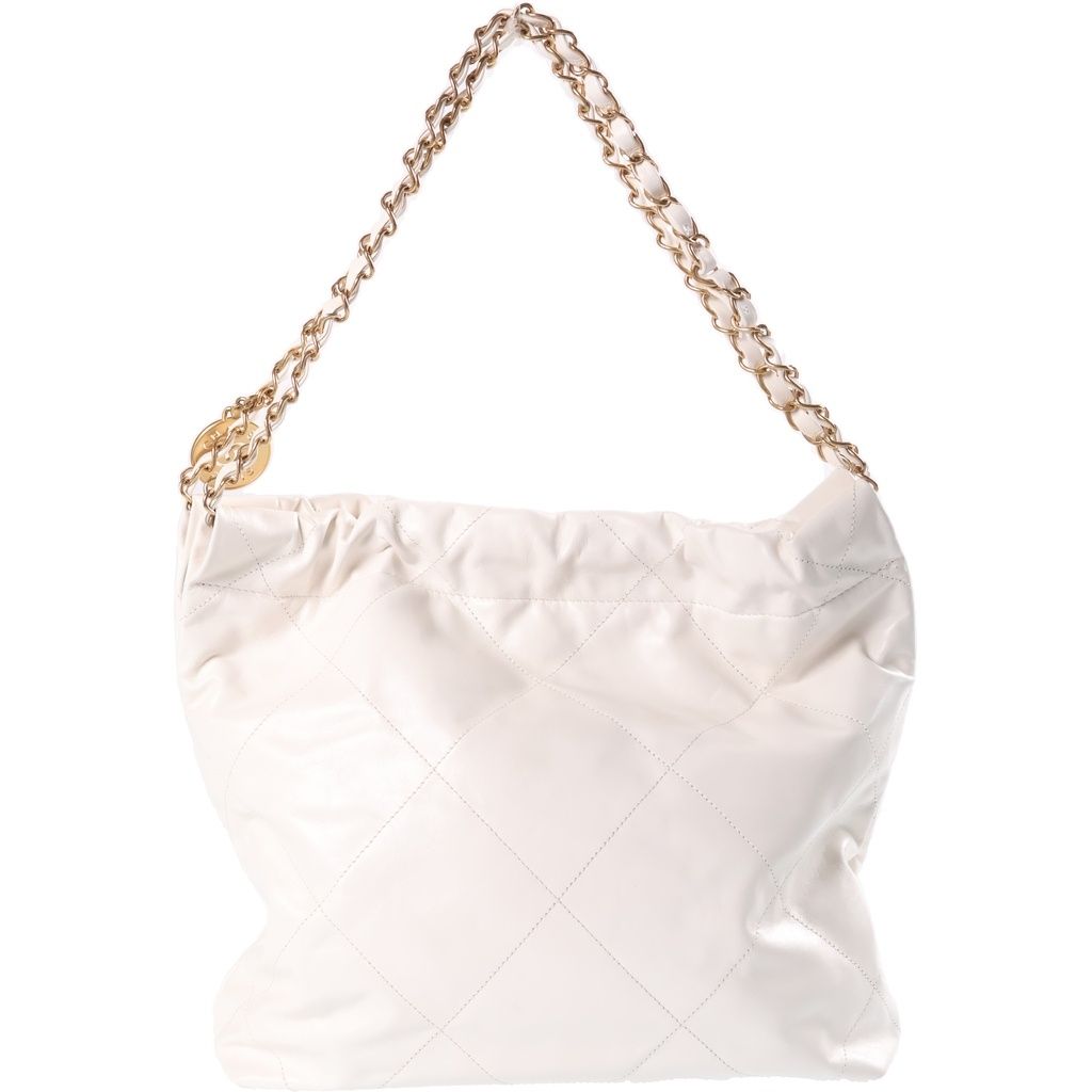 Chanel 22 Medium Chain Shoulder Bag White Calfskin Plate Gold — view 2
