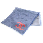 Chanel CC&camellia Logo Scarf CC Large Shawl Fringe Cashmere Silk Blue