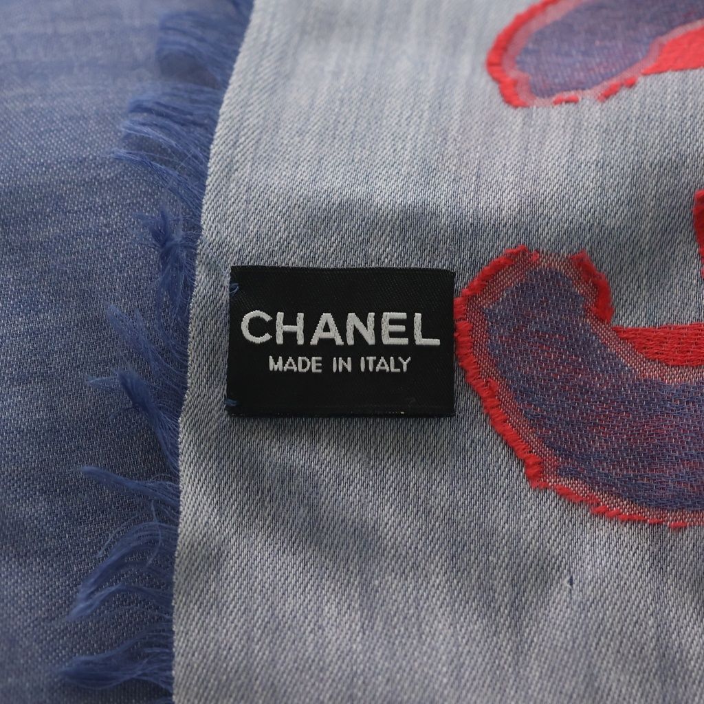 Chanel CC&camellia Logo Scarf CC Large Shawl Fringe Cashmere Silk Blue — view 5