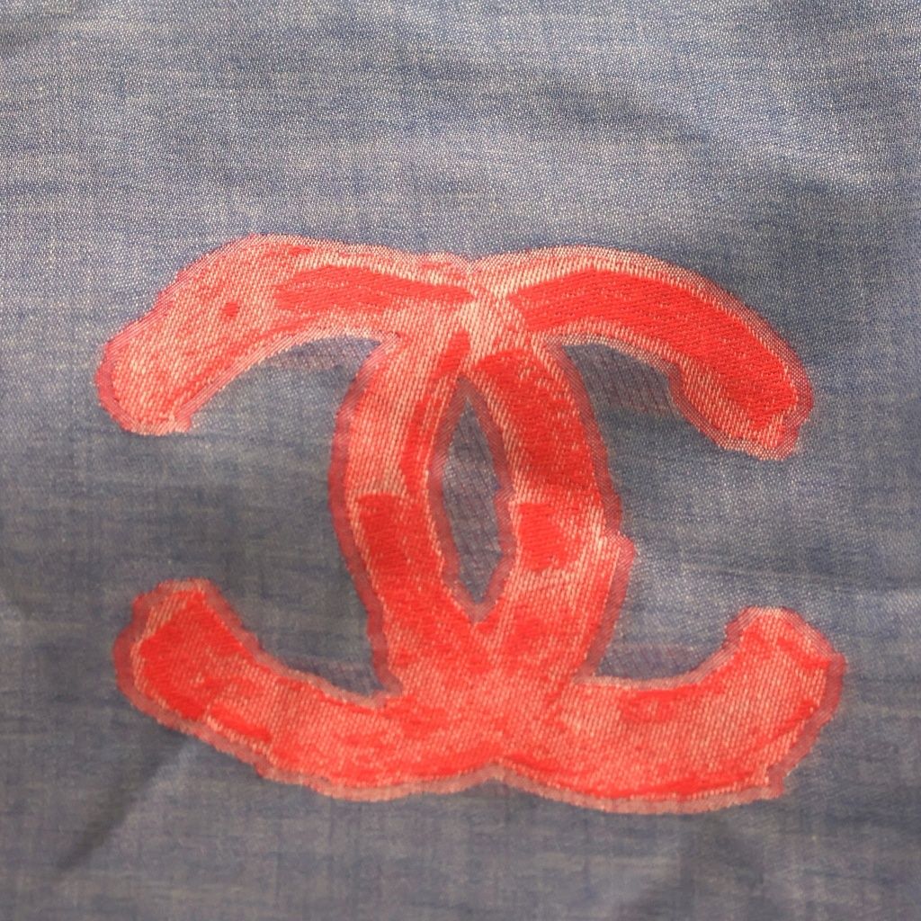 Chanel CC&camellia Logo Scarf CC Large Shawl Fringe Cashmere Silk Blue — view 3
