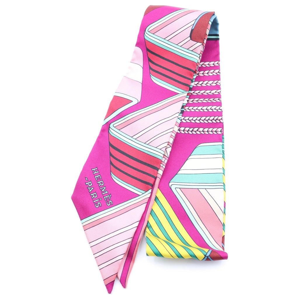 Hermes Twilly Zigzag Sangles Silk Scarf Multicolor Fuchsia Vert Jaune