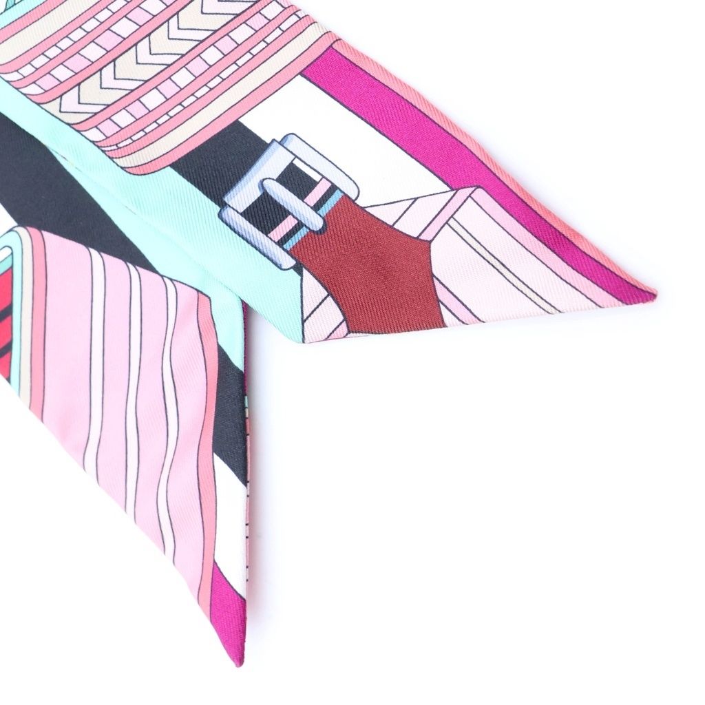 Hermes Twilly Zigzag Sangles Silk Scarf Multicolor Fuchsia Vert Jaune — view 4