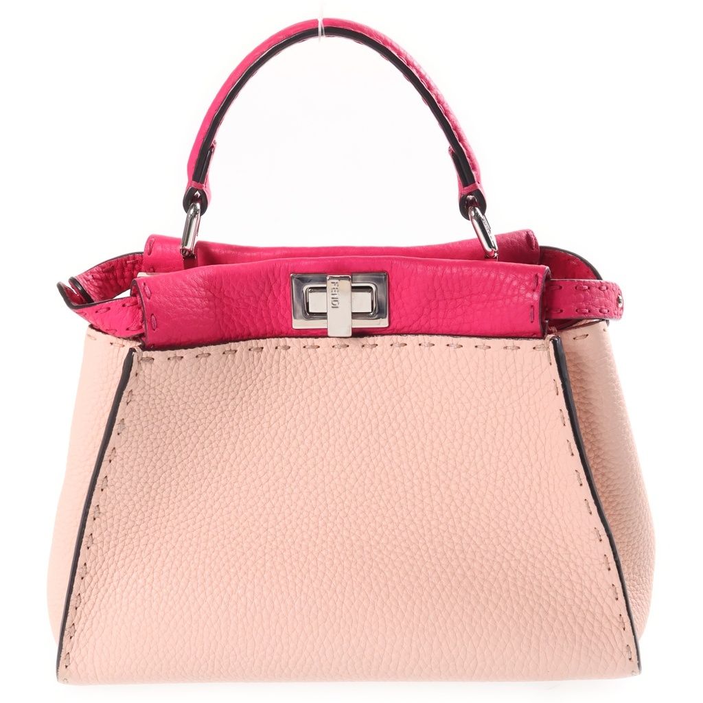 Fendi Peekaboo Selleria Mini 2-Way Shoulder Bag Bicolor Pink Leather Silver