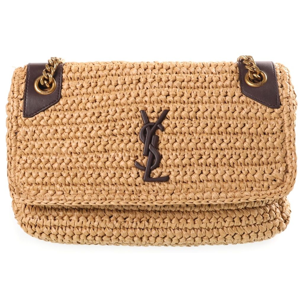 Saint Laurent Paris Niki Raffia Leather Chain Shoulder Bag Basket Brown Beige