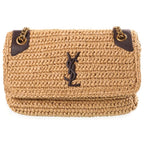 Saint Laurent Paris Niki Raffia Leather Chain Shoulder Bag Basket Brown Beige