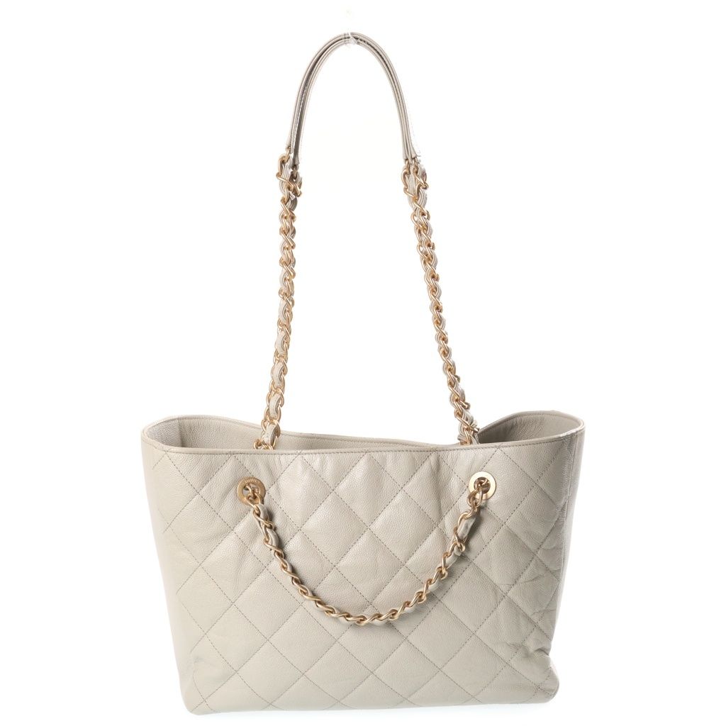 Chanel Quilted Tote Bag CC Logo Gold Caviar Leather Light Beige — view 2