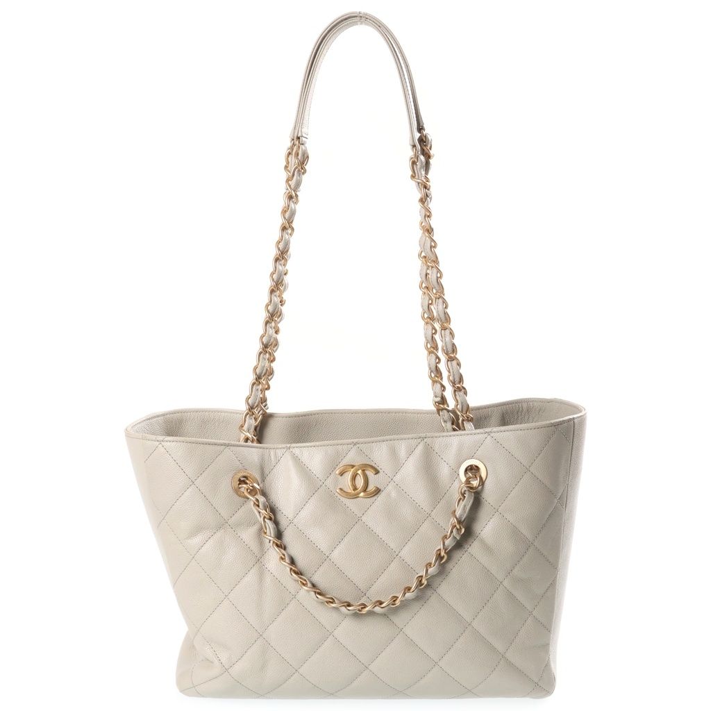 Chanel Quilted Tote Bag CC Logo Gold Caviar Leather Light Beige