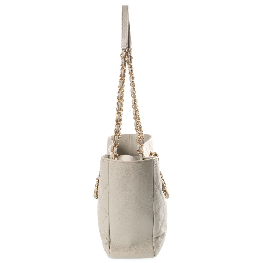 Chanel Quilted Tote Bag CC Logo Gold Caviar Leather Light Beige — view 3