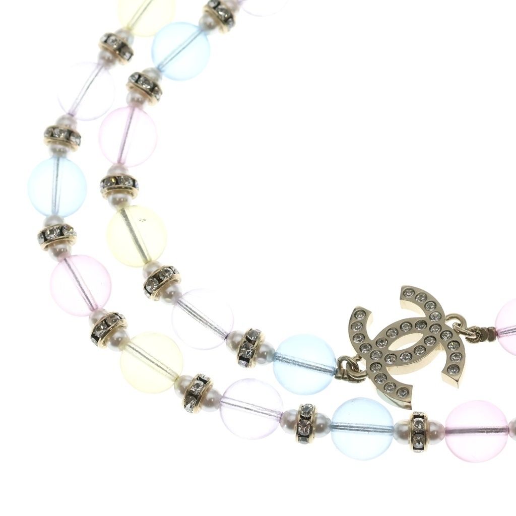 Chanel CC Logo Strass Pearl Rhinestone Necklace Multicolor Gold Bean