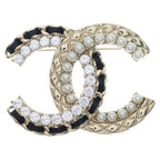 Chanel CC Logo Brooch Pin Badge Gold Pearl Leather Metal