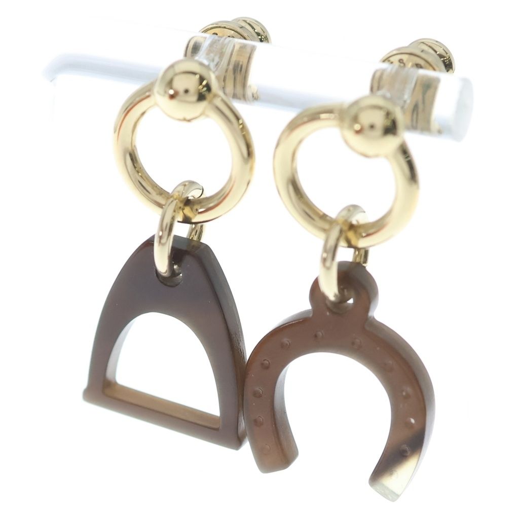 Hermes Equestre Buffalo Horn Earrings Brown Gold