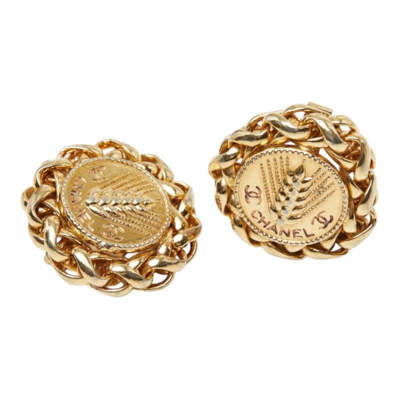 Chanel CC Logo Rice Motif Earrings Ear Clip Gold Plated