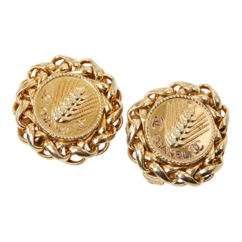 Chanel CC Logo Rice Motif Earrings Ear Clip Gold Plated — view 2