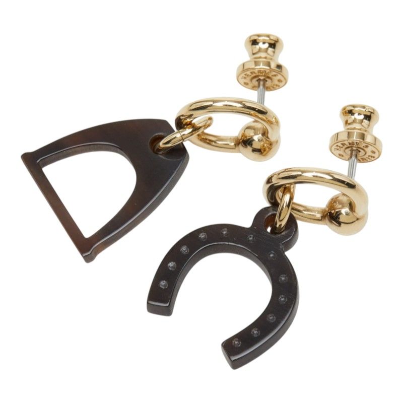 Hermes Amulette Equestre Horseshoe Stirrup Swing Stud Earrings Gold Brown