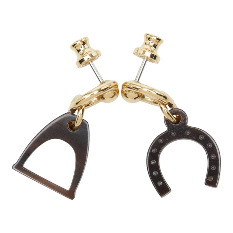 Hermes Amulette Equestre Horseshoe Stirrup Swing Stud Earrings Gold Brown — view 2