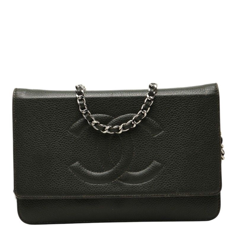 Chanel CC Logo Chain Shoulder Bag Crossbody Khaki Green Caviar Leather