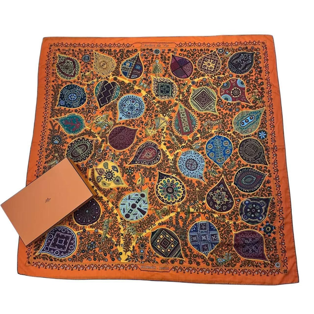 Hermes Scarf Shawl Cashmere Carre 140 L'arbre de Vie Tree of Life Orange