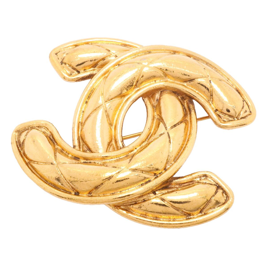 Chanel Brooch Vintage CC Logo Quilted Gold Plated
