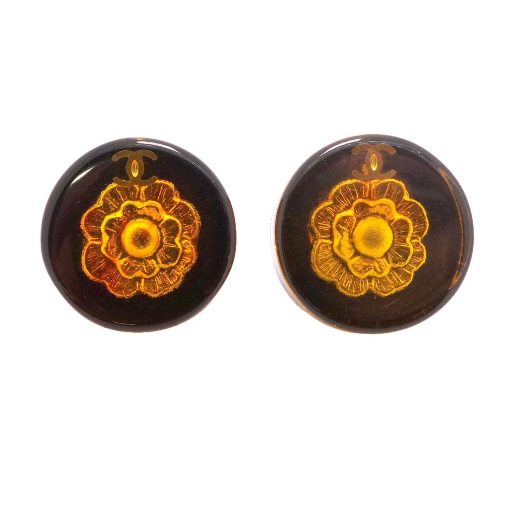 Chanel Earrings Vintage CC Logo Camellia Round Circle Gold Plated Black