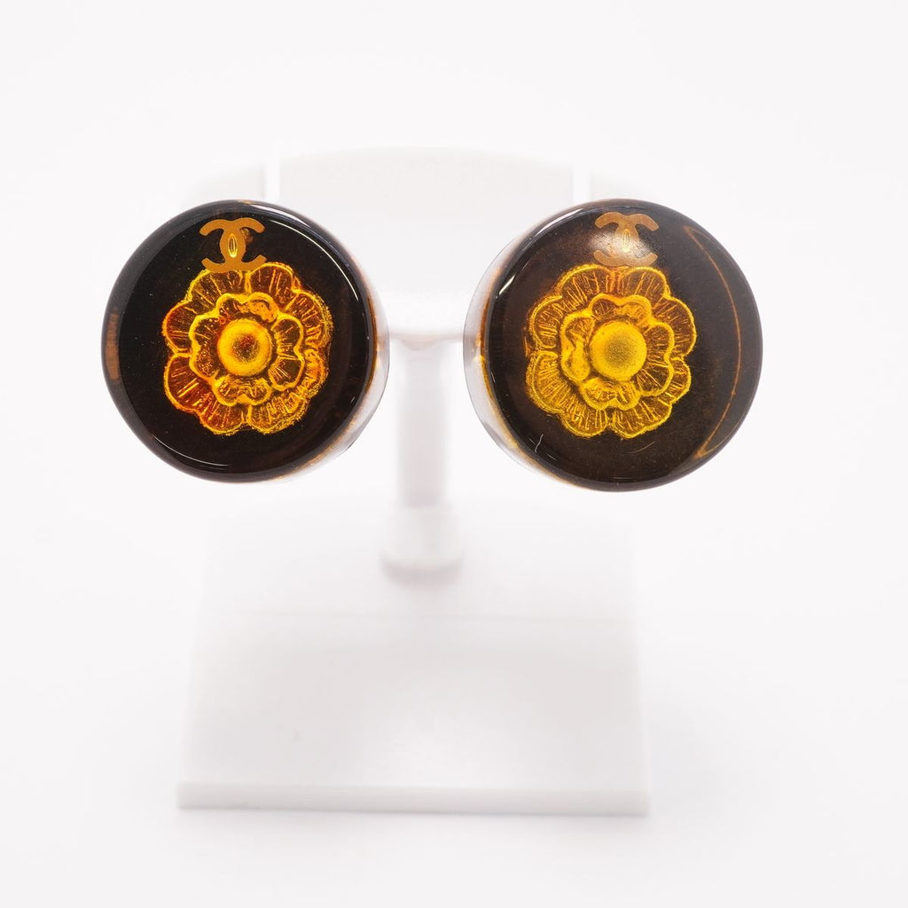 Chanel Earrings Vintage CC Logo Camellia Round Circle Gold Plated Black — view 2