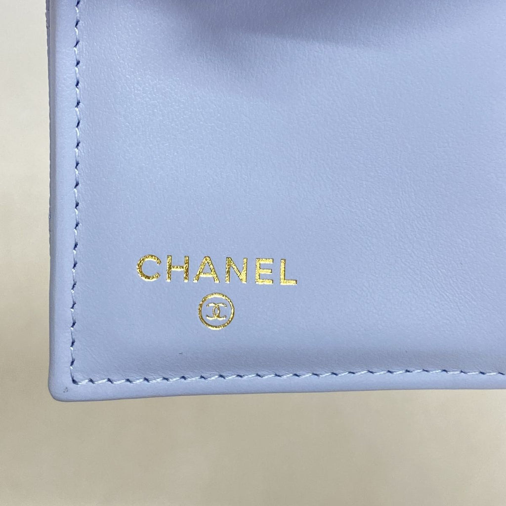 Chanel Trifold Wallet Quilted Caviar Leather Light Blue Champagne Gold — view 4