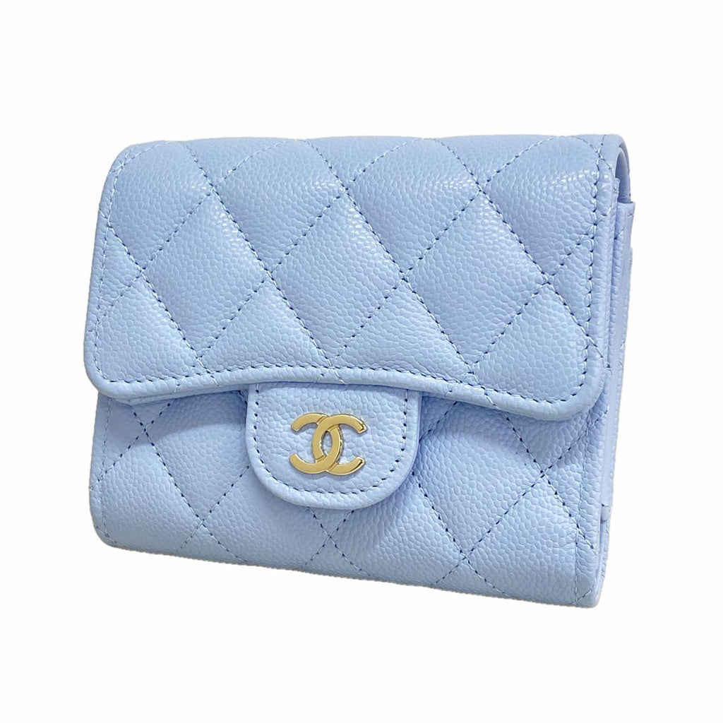 Chanel Trifold Wallet Quilted Caviar Leather Light Blue Champagne Gold