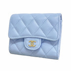 Chanel Trifold Wallet Quilted Caviar Leather Light Blue Champagne Gold