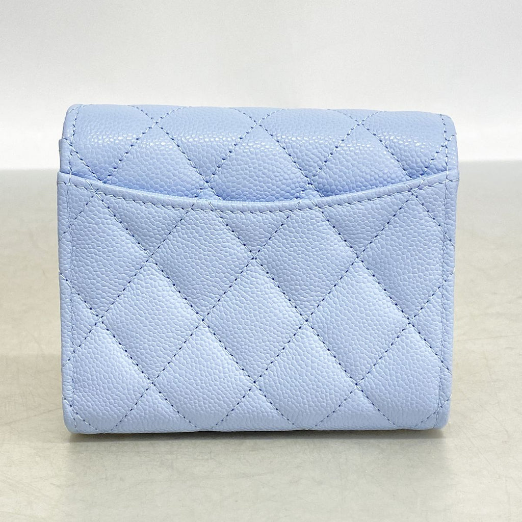 Chanel Trifold Wallet Quilted Caviar Leather Light Blue Champagne Gold — view 5