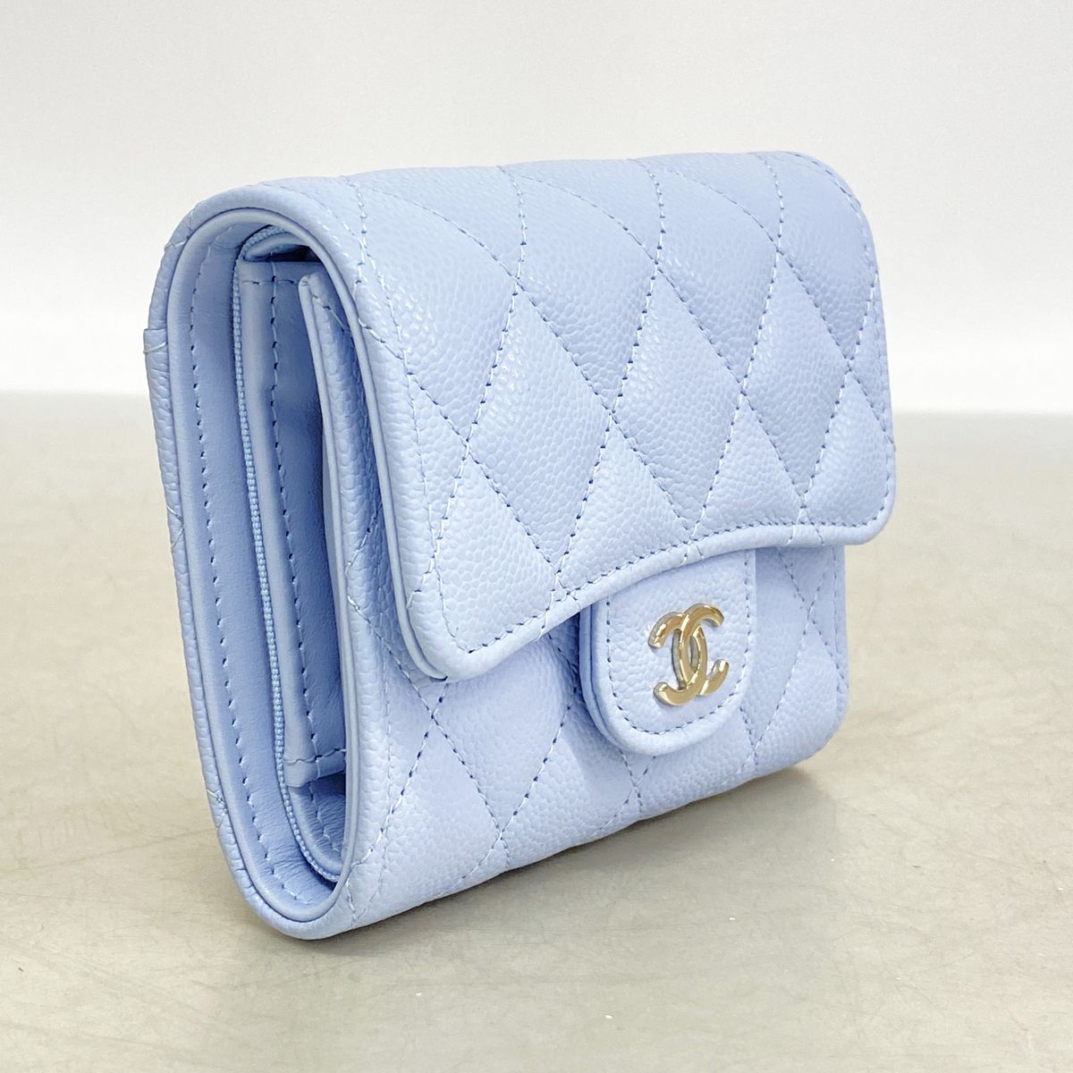 Chanel Trifold Wallet Quilted Caviar Leather Light Blue Champagne Gold — view 2