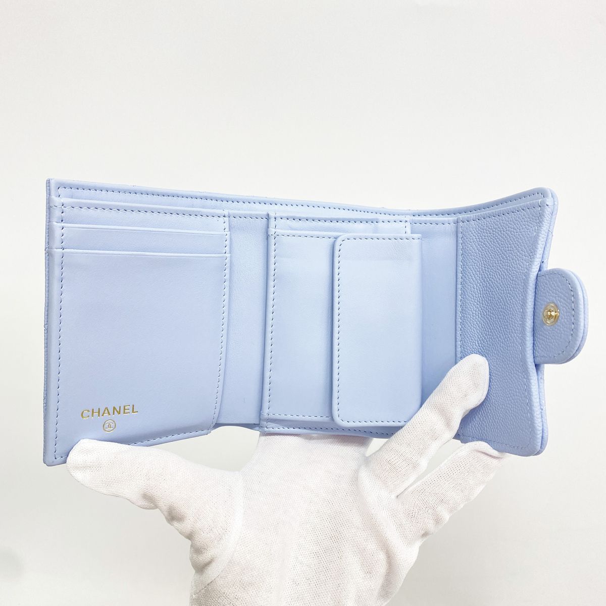 Chanel Trifold Wallet Quilted Caviar Leather Light Blue Champagne Gold — view 3