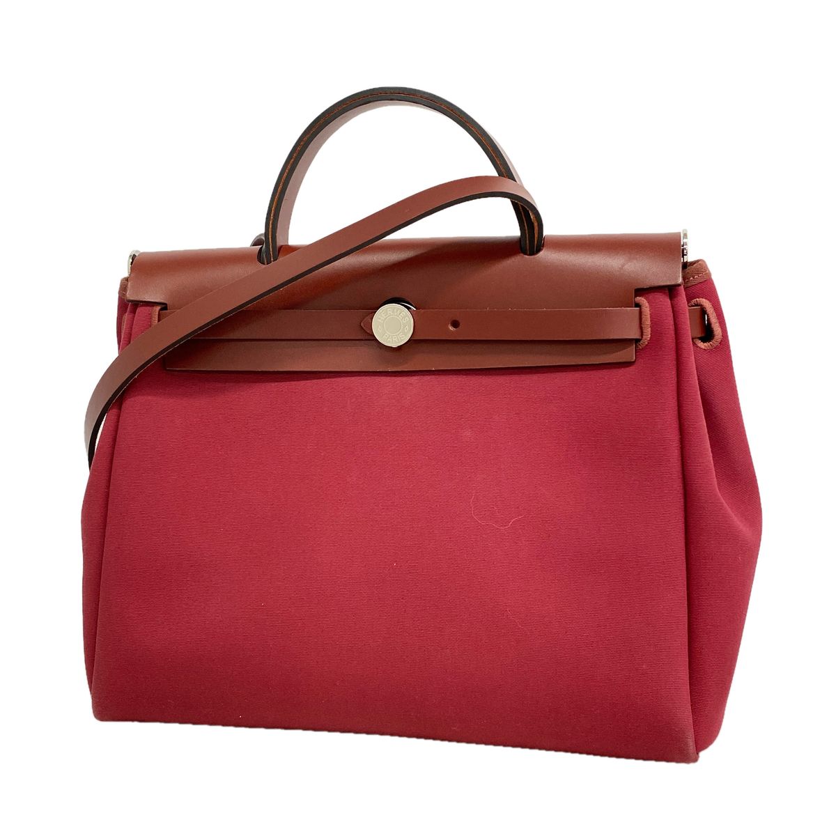 Hermes Handbag Herbag Zip PM Toile Officier Red Silver 2-Way Bag