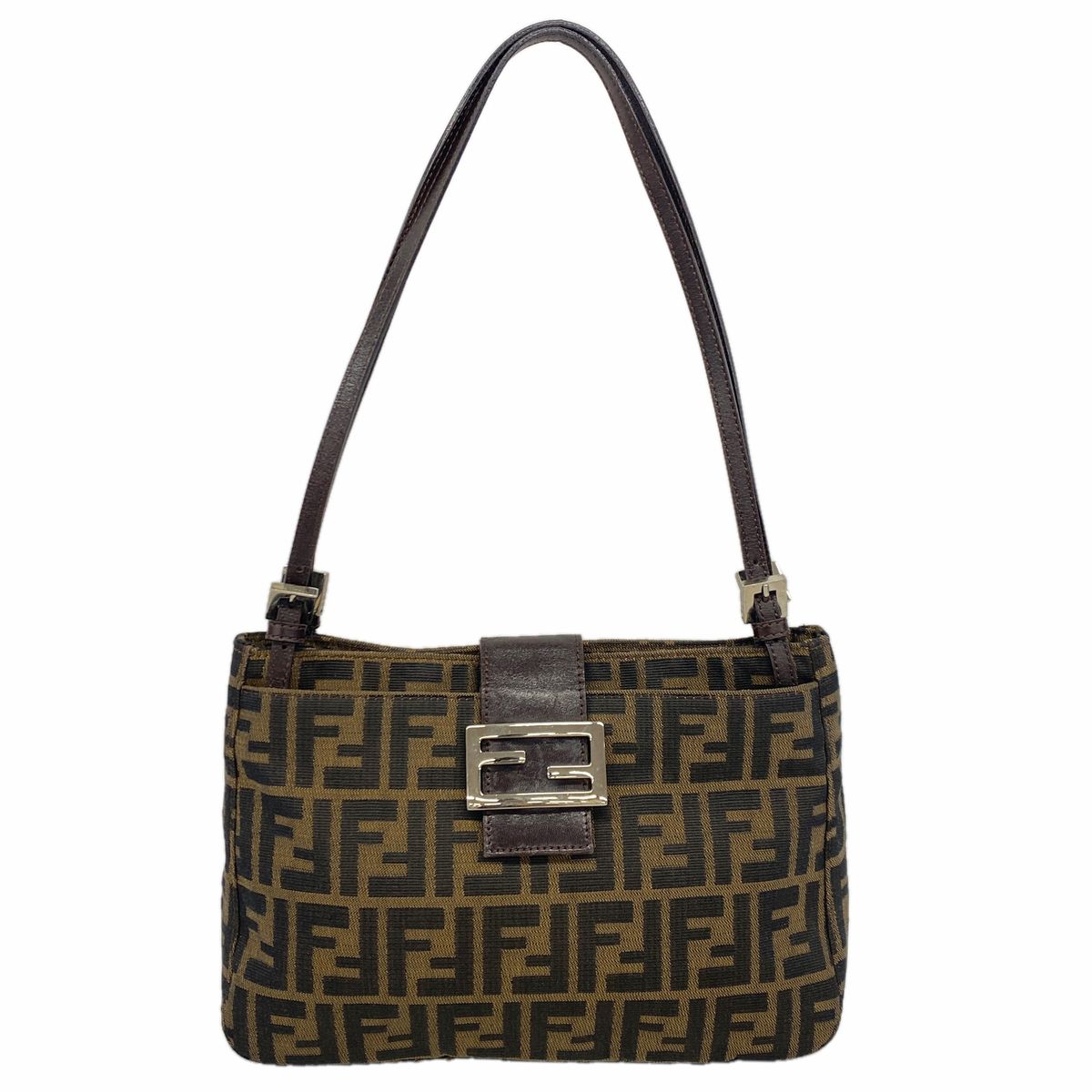 Fendi Shoulder Bag Zucca Nylon Canvas Brown Silver