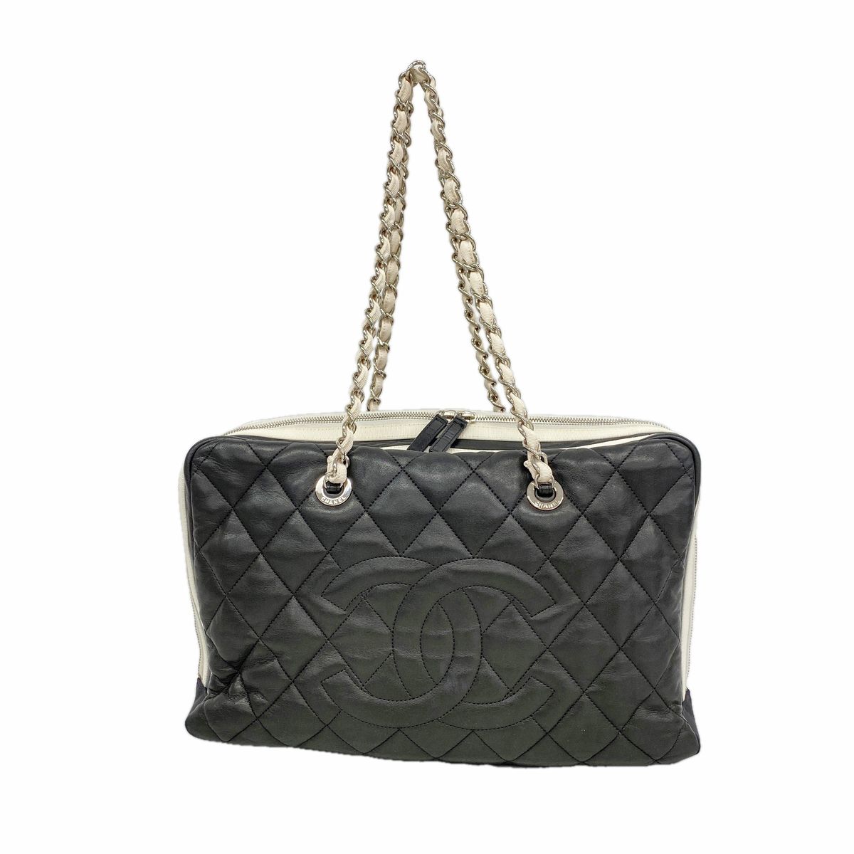 Chanel Chain Tote Bag Quilted Lambskin Black Silver