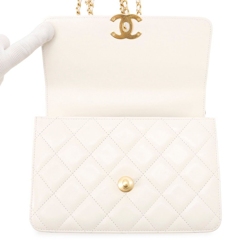 Chanel Chain Shoulder Bag Quilted CC Logo Calfskin White — view 6