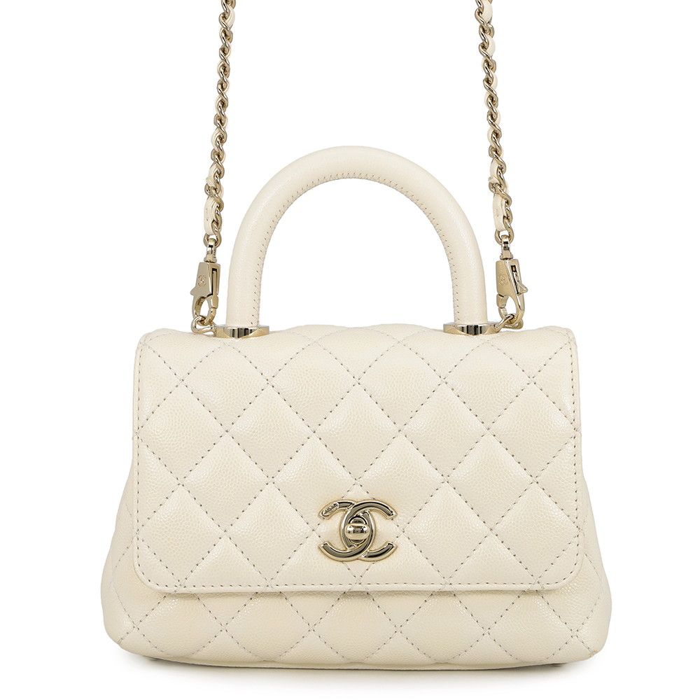 Chanel CC Logo Quilted Coco Handle XXS Caviar Leather 2-Way Shoulder Bag White