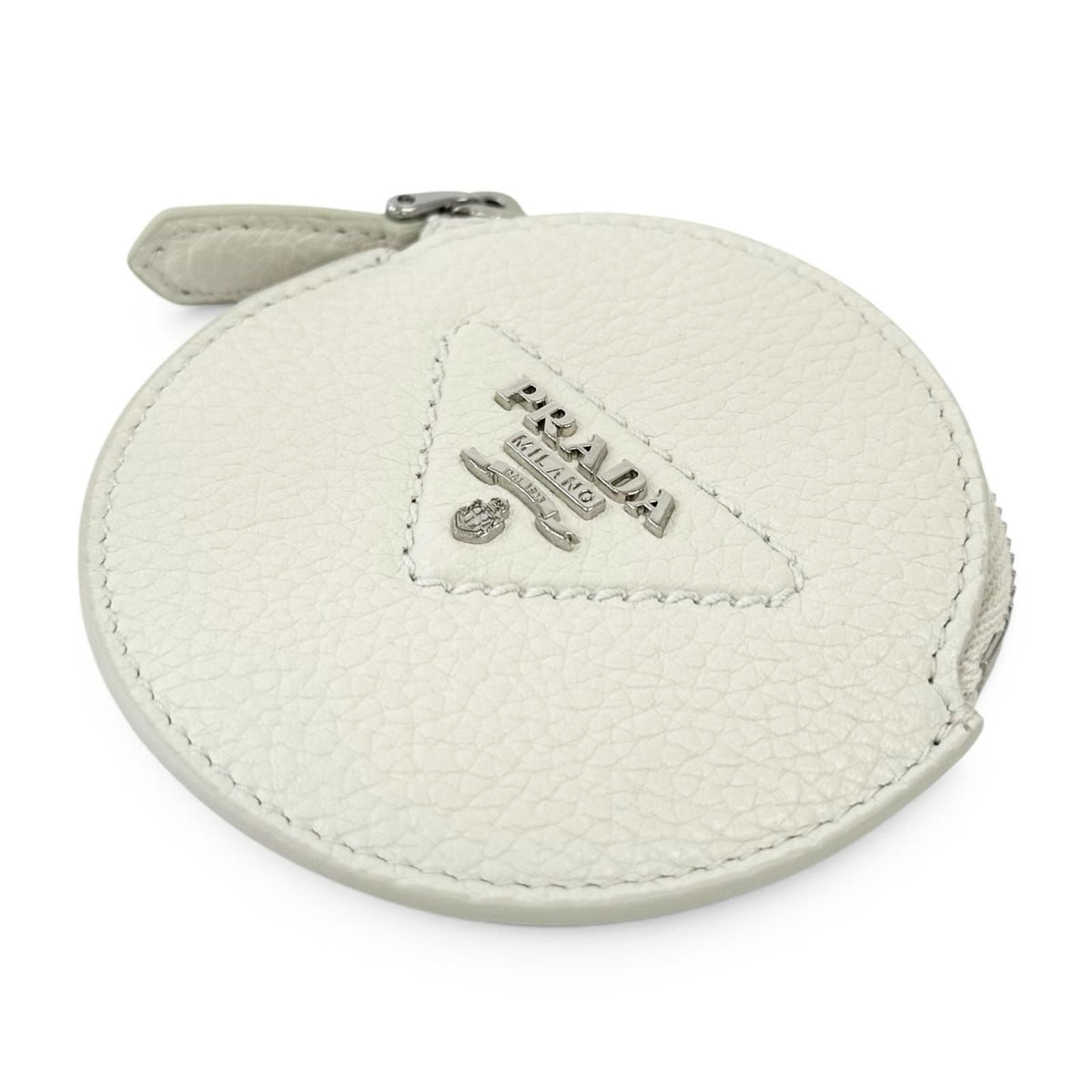 Prada Portamonete Vitello Daino Triangle Logo Round Coin Purse White — view 4